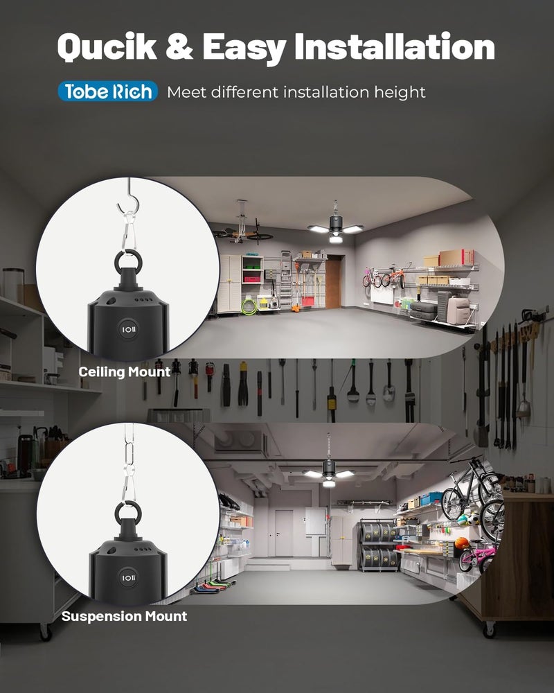toberich Motion Sensor Garage Light Plug in, 8000LM Shop Light w/ 3 Modes, 3 Deformable LED Panels, 6500K Indoor Motion Sensor Light Bulb for Garage, Utility Room, Basement (1 Pack) - Image 5